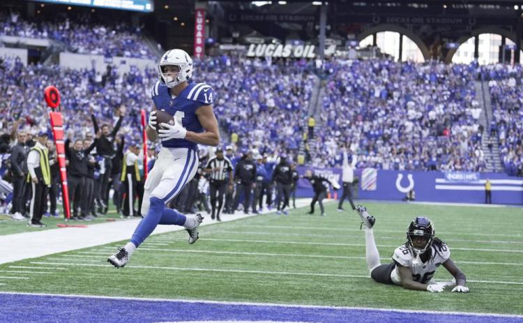 Indianapolis Colts receiver Alec Pierce makes a touchdown reception against Jacksonville Jaguars defensive back Shaquill Griffin during Sunday's game in Indianapolis. (AJ MAST/Associated Press)