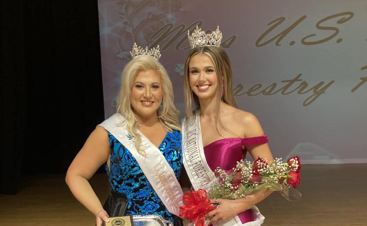 Maddie Kelley (left) and Manda Perry celebrate their respective wins for Ms. U.S. National Turpentine Queen and Miss U.S. National Forestry Queen on Saturday. (COURTESY)