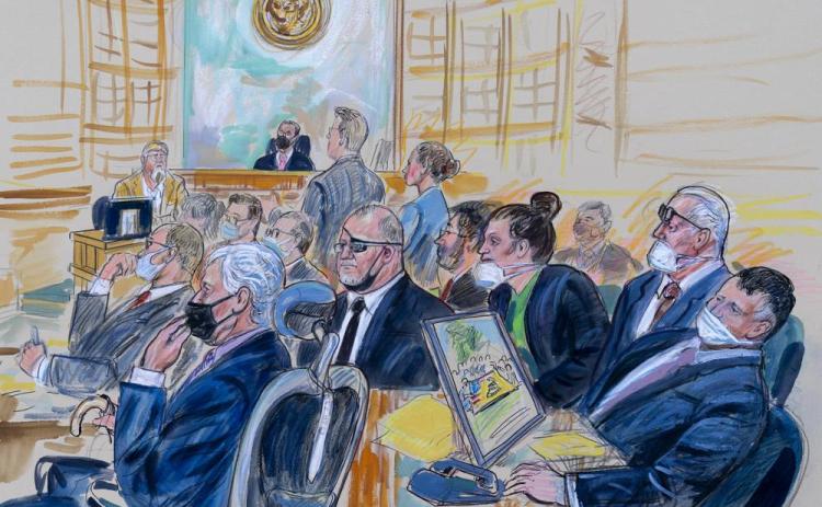 This artist sketch depicts the trial of Oath Keepers leader Stewart Rhodes and four others charged with seditious conspiracy in the Jan. 6 Capitol attack on Oct. 6, 2022. (DANA VERKOUTEREN/AP File)