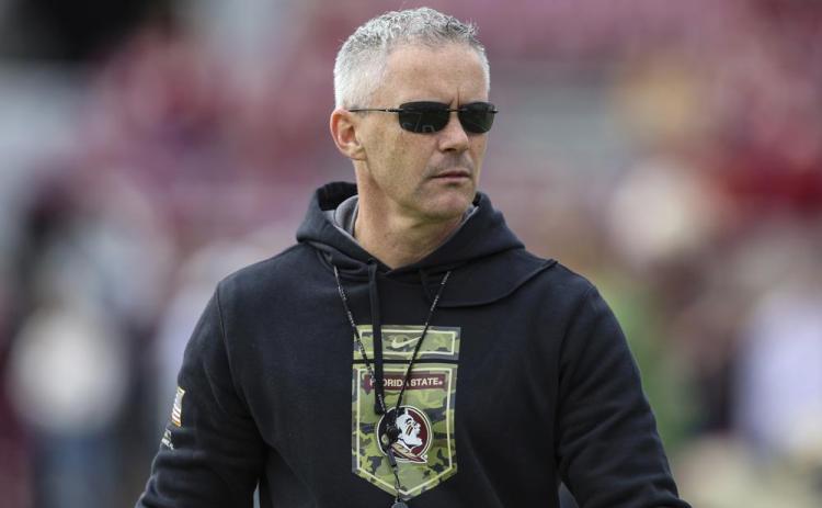 Florida State head coach Mike Norvell walks the field before Saturday’s game against Louisiana in Tallahassee. (GARY MCCULLOUGH/Associated Press)