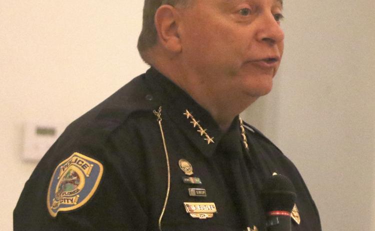 Lake City Police Chief Gerald Butler talks to residents during Tuesday evening’s ‘Breakfast with the Chief’ event at Southside Baptist Church. (MORGAN MCMULLEN/Lake City Reporter)