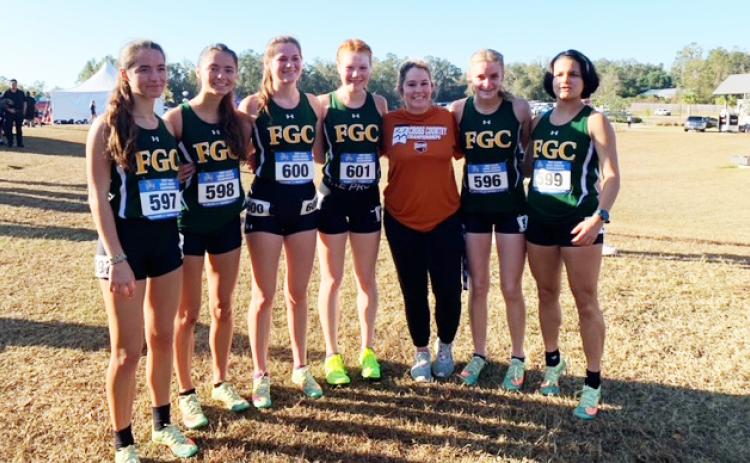 FGC placed 11th at the NJCAA cross country championship on Saturday. Pictured are team members Kyla Desmartin (from left), Kayla Desmartin, Ashlyn Speigner, Morgan Wilson, Fallon Flynn, Ariel Anderson and Merlin Leal. (COURTESY)