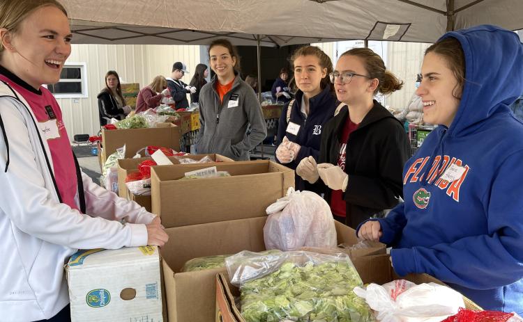 Volunteers helped prepare and pass out 600 Thanksgiving baskets as part of Catholic Charities’ distribution effort last week. (COURTESY)
