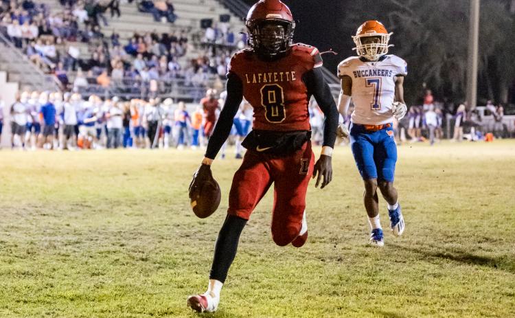 Lafayette running back JT Cook scores a touchdown against Branford during last Friday’s Region 3-1R quarterfinals. (JACK HOWDESHELL/Special to the Reporter)