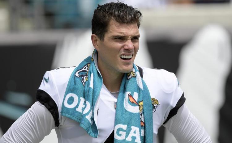 Jacksonville Jaguars place kicker Josh Lambo watches from the sideline during a game against the Denver Broncos on Sept. 19, 2021, in Jacksonville. (PHELAN M. EBENHACK/Associated Press)