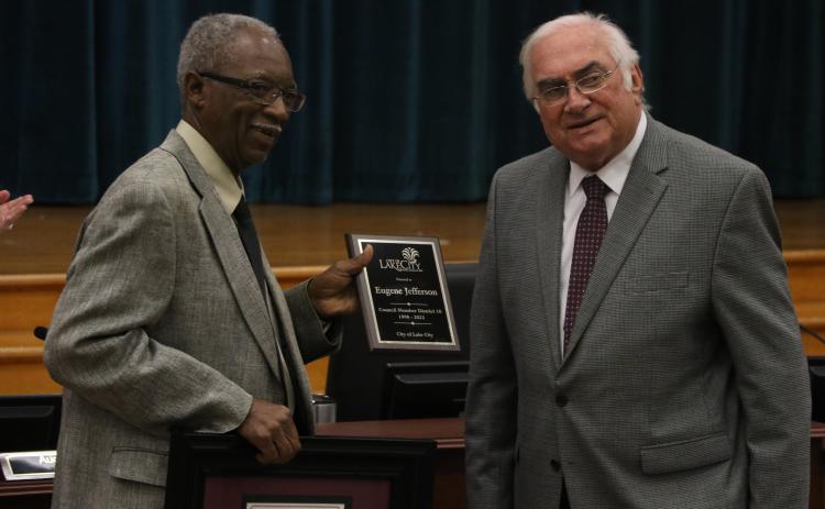 Eugene Jefferson was honored Monday for his 24 years on the Lake City Council. Jefferson received a plaque and a framed proclamation from Mayor Stephen Witt for his service at the start of the council’s meeting. (MORGAN MCMULLEN/Lake City Reporter)