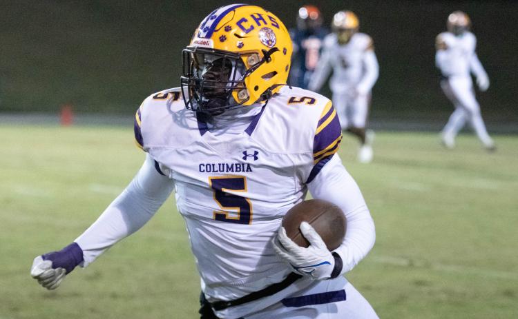 Columbia linebacker Jaden Robinson returns an interception for a touchdown against Escambia during the Region 1-3S semifinals on Friday. (Photos by GREG PACHKOWSKI/Pensacola New Journal)