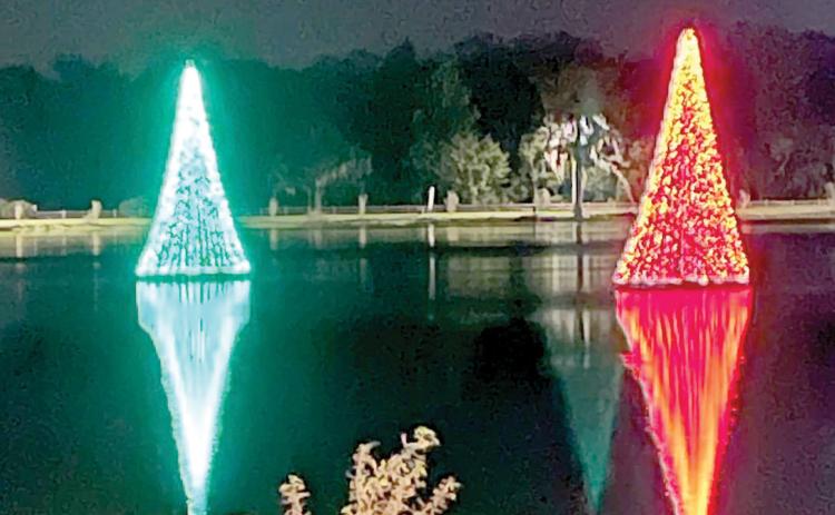 Two floating, lighted Christmas trees have been added to Lake DeSoto for this year’s holiday season. The trees will be lit on Friday, the day after Thanksgiving. (COURTESY)