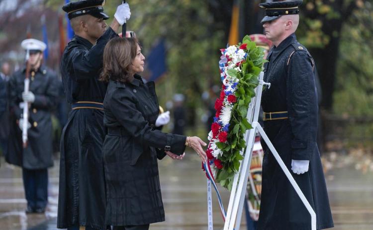 Vice President Kamala Harris lays a wreath at the Tomb of the Unknown Soldier during the National Veterans Day observance at Arlington National Cemetery, on Friday in Arlington, Va. (MANUEL BALCE CENETA/Associated Press)