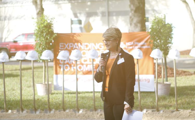 HCA Florida Lake City Hospital CEO Jill Adams announces the $88 million expansion project Tuesday prior to a ceremonial groundbreaking. (JAMIE WACHTER/Lake City Reporter)