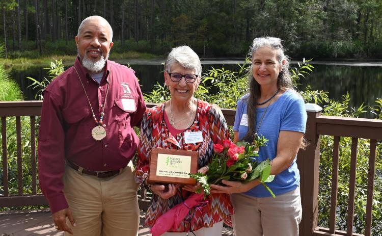 Fort White High School’s Irene ‘Trini’ Johannesen was named the Florida Project Learning Tree Educator of the Year. She received her award from Robert Raze, the steering committee chair, and Elise Cassie, interim coordinator. (COURTESY)