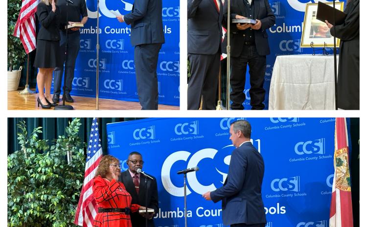Columbia School Board members Cherie Hill (top left, clockwise), Hunter Peeler and Narrie Smith are sworn into term during Tuesday's school board meeting. (COURTESY PHOTOS)