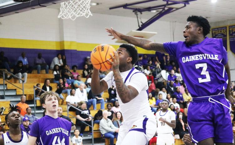 Columbia guard Tray Tolliver rises for a shot as Gainesville’s Theo Stephens attempts to block it on Thursday night. (JORDAN KROEGER/Lake City Reporter)