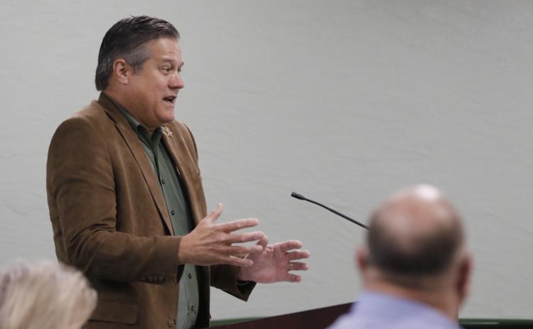 Columbia County Sheriff Mark Hunter speaks at the Legislation Delegation hearing Monday in support of county’s proposed crime scene evidence building. (JAMIE WACHTER/Lake City Reporter)