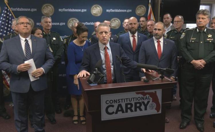 Speaker of the House Paul Renner (R-Palm Coast) announces legislation filed to allow ‘constitutional carry’ in Florida. Renner is joined on his right by Rep. Chuck Brannan, a Macclenny Republican who represents Columbia County, who filed the bill, other legislators and sheriffs from across the state. (NEWS SERVICE OF FLORIDA)