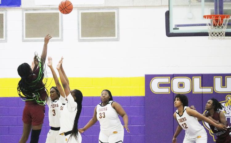 Madison County guard Janiyah McKnight makes the game-winning shot at the buzzer over Columbia guards Ryann Potter and Eriel Baker on Tuesday night. (JORDAN KROEGER/Lake City Reporter)