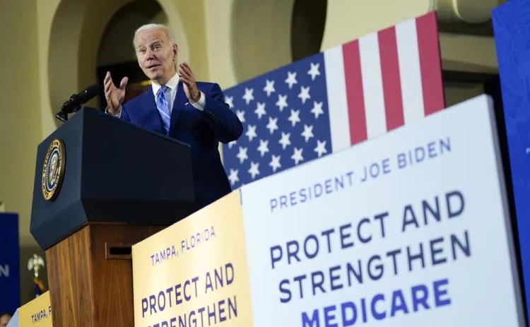 President Joe Biden speaks about his administration’s plans to protect Social Security and Medicare on Thursday at the University of Tampa. (PATRICK SEMANSKY/Associated Press)