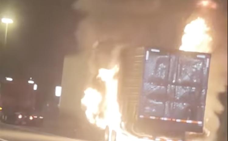 A semi trailer caught fire Thursday evening on the on-ramp to Interstate 75 at the U.S. Highway 90 interchange. Lake City Fire Department and Columbia County Fire Rescue crews extinguished the flames in minutes. (COURTESY)