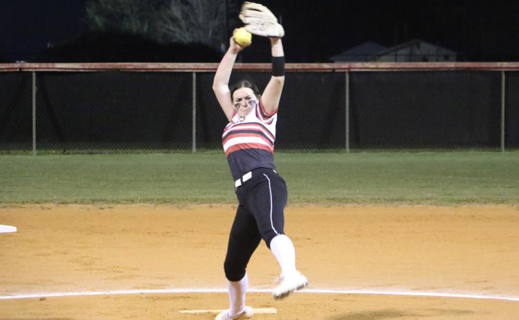 Fort White pitcher Kadence Compton delivers a pitch Friday night. Compton struck out 12 and allowed no hits to Madison County. (MORGAN MCMULLEN/Lake City Reporter)