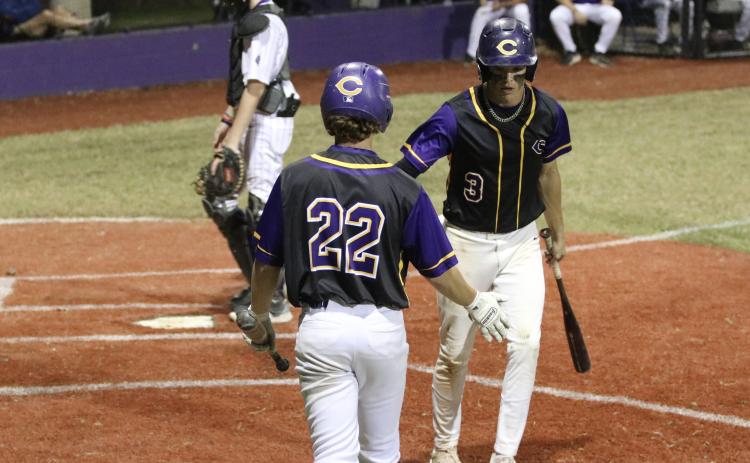 Columbia outfielder Carston Palmer (3) high-fives outfielder Branson Mann (22) after scoring a run against Gainesville on Friday night. (JORDAN KROEGER/Lake City Reporter)