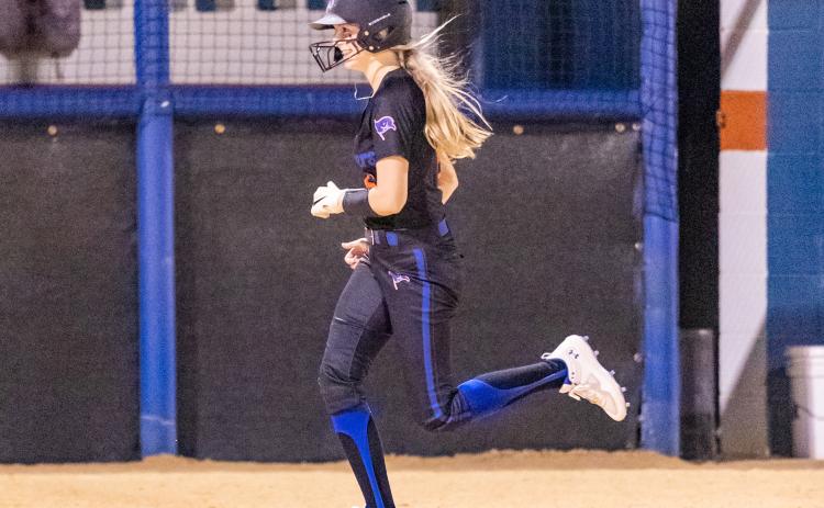 Branford’s Madyson Sikes smiles rounding the bases after hitting a home run against Lafayette on Thursday night. (JACK HOWDESHELL/Special to the Reporter)