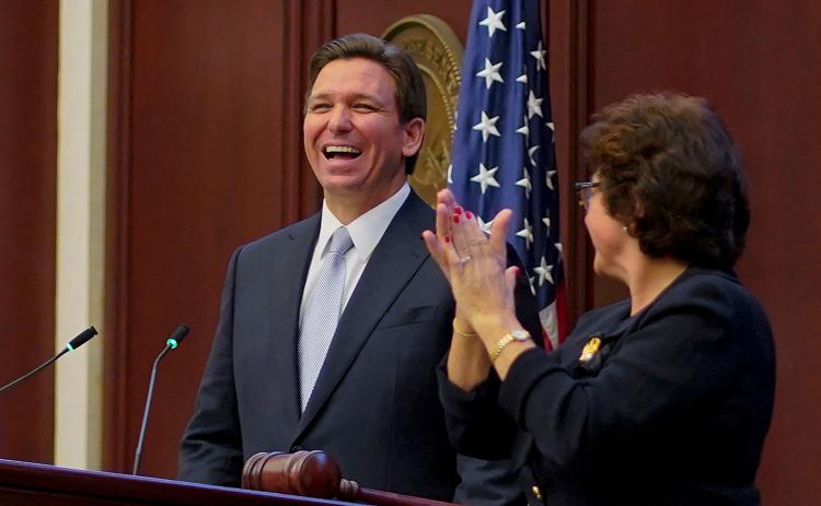 Florida Gov. Ron DeSantis delivers the ‘State of the State’ address at the Florida State Capitol in Tallahassee Tuesday. (CHENEY ORR/AFP via Getty Images/TNS)