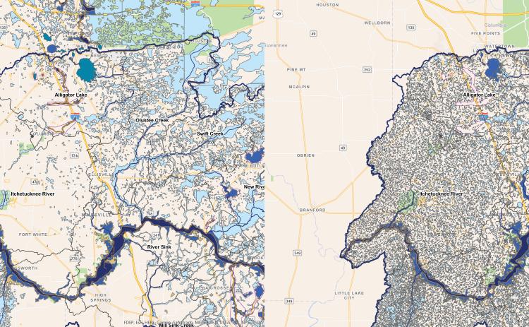 LEFT: The current FEMA flood risk map for the Santa Fe Watershed, which shows areas in light blue and dark blue that are in flood zones. RIGHT: The draft preliminary FEMA flood risk map for the Santa Fe Watershed, which is inundated with flood zones throughout the lower half of Columbia County. Comments on the maps is accepted through April 30. (COURTESY GRAPHICS)