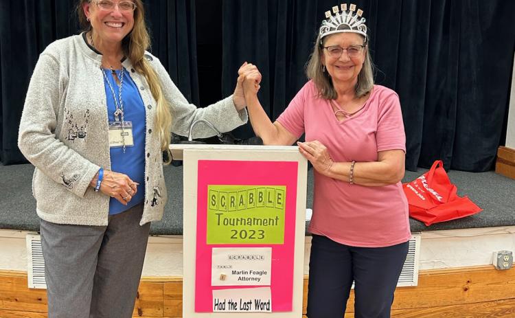 Sue Tuell (left) and Susan Kroh won the Lake City Garden Club’s seventh annual Scrabble Tournament on Tuesday night. (COURTESY)