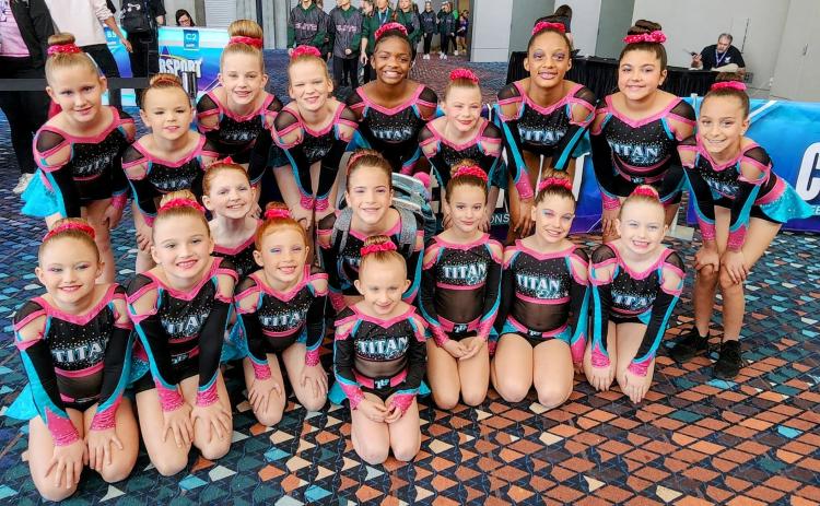 The Electra cheer team from Lake City’s Titan Elite gym is competing next week at The Youth Summit in Tampa. Front row: Lola Norris. Middle row: Kinsleigh Strickland, Harper De Moya, Rylie Khachigan, Brystol Pickles, Brooke Herbert, Maddie Bullock, Halle Green, and Lakelyn Neeley. Back row: Abby Durham, Kenzie Crews, Eva Decker, Callie Cothran, Caché Sheppard, Kynlee Stacy, Zuri Paulk, Nella Davis-Lopez and Isabelle Bellamy. (COURTESY)