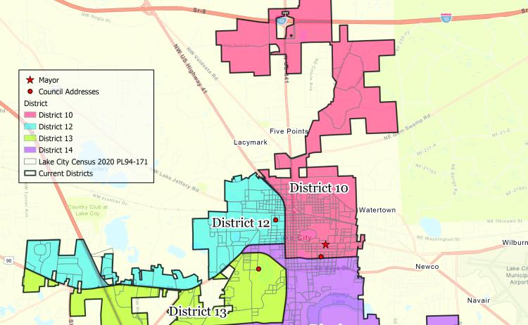The City of Lake City’s current district map, which must be redrawn due to the large discrepancy in the number of residents living in each district. (COURTESY)
