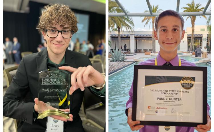 Fort White’s Brody Crews (left) and Suwannee’s Paul Gunter were among the 28 Sunshine State Scholars to earn a one-year scholarship to attend a Florida college or university. (COURTESY PHOTOS)