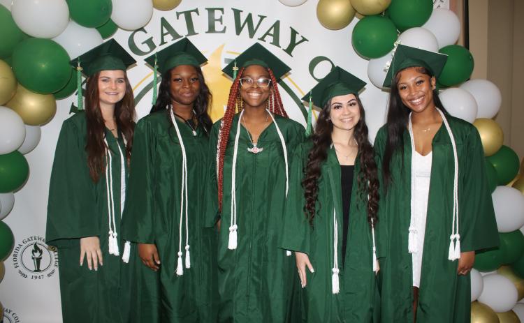 Columbia High School students in the school district’s Career & Technical Education program who received their phlebotomy certification during Friday morning’s gradation at Florida Gateway College were Mary Odum (from left), Ca’Mari Matthews, Zacariah Williams, Skyla Wasden Wasden and Karis Jernigan. Four additional CHS students received their diplomas during the FGC afternoon graduation ceremony. (TONY BRITT/Lake City Reporter)