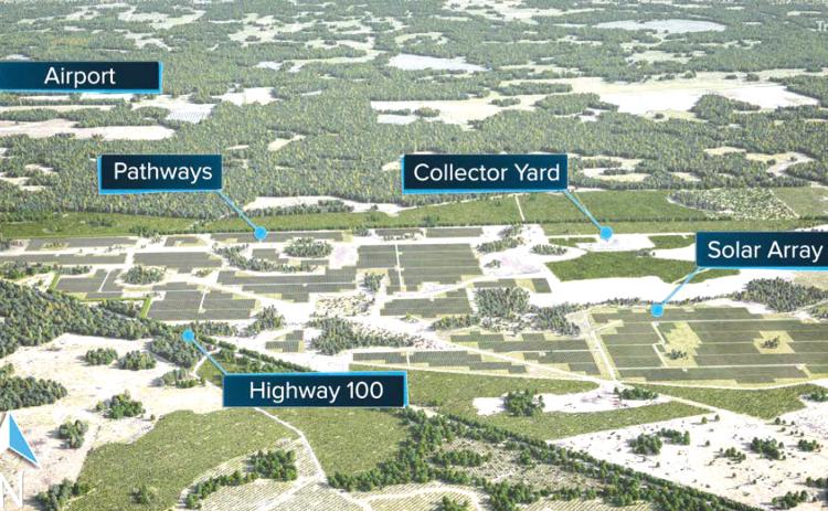 An overhead map shows Florida Power & Light’s Price Creek Solar Energy Center off State Road 100. (COURTESY)