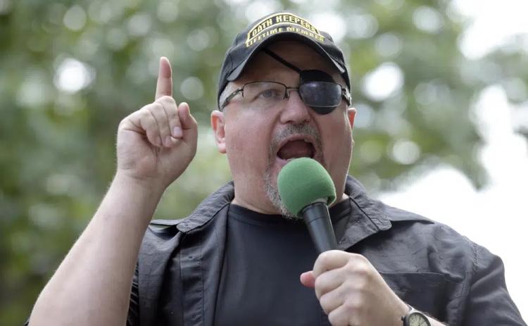 Stewart Rhodes, founder of the Oath Keepers, speaks during a rally outside the White House in Washington, June 25, 2017. Rhodes was sentenced Thursday to 18 years in prison for seditious conspiracy in the Jan. 6, 2021, attack on the U.S. Capitol. (AP FILE)