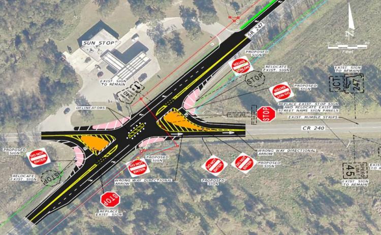The proposed intersection improvements for the State Road 247 and County Road 240 crossing in southwestern Columbia County. (COURTESY)