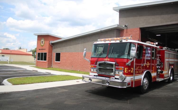 An LCFD truck leaves Fire Station 2 on a call Tuesday afternoon. (TONY BRITT/Lake City Reporter)