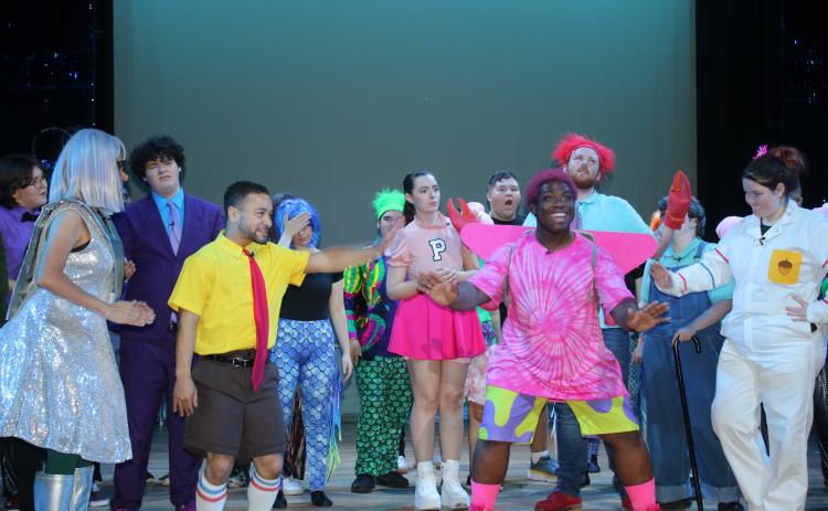 Cameron Gonzales, portraying Sponge Bob Squarepants, and D’Khari Jernigan, portraying Patrick Star, rehearse a scene for the upcoming Sponge Bob Musical production that will take place at Florida Gateway College this week. (TONY BRITT/Lake City Reporter)