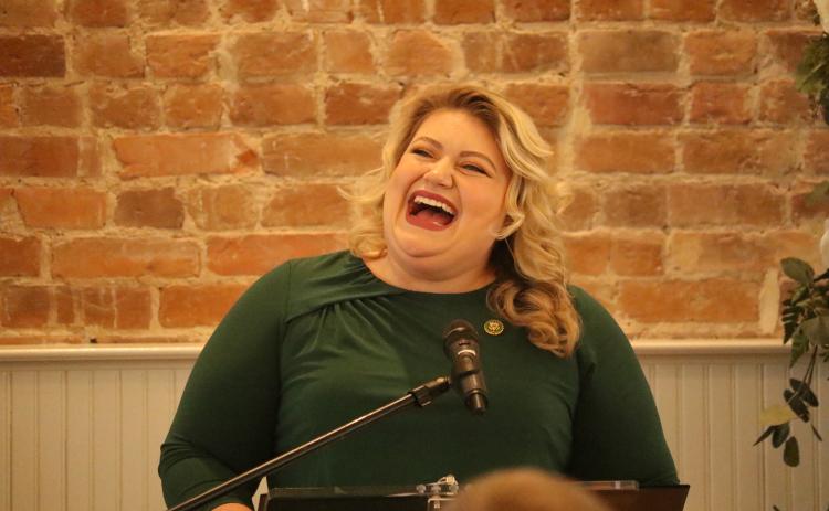 U.S. Rep. Kat Cammack (R-Gainesville) laughs during her update at the Lake City-Columbia County Chamber of Commerce’s Legislative Breakfast on Tuesday at The Blanche Hotel. (JAMIE WACHTER/Lake City Reporter)