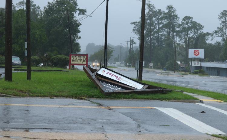 The Forest Cove Business Park on South Main Boulevard in Lake City was toppled during Hurricane Idalia on Wednesday. (J. WACHTER/Lake City Reporter)