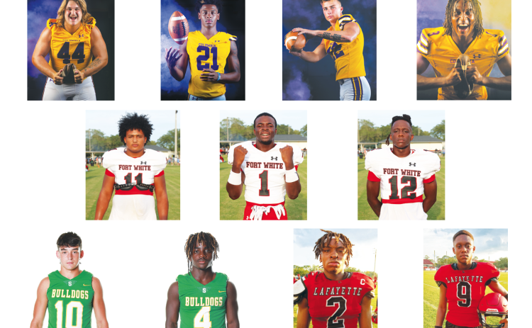 TOP ROW: CHS DL Caden Bolstein, CHS DB Jerome Carter, CHS WR Camdon Frier and CHS DB Markeyon Moore; MIDDLE ROW: FWHS LB/RB Lecosta Byrd, FWHS RB Dakota Fisher and FWHS WR/DB Najeeb Smith; BOTTOM ROW: SHS QB/DB Kodi Lang, SHS RB Marquavious Owens, LHS DL Amarie Fleming and LHS QB Tywan Williamson. (Columbia photos by Jen Chasteen; Fort White photos by Paul Buchanan; Suwannee photos by Tammy Johns; Lafayette photos by Rob Wolfe)