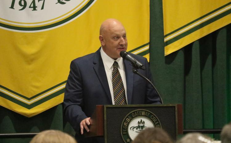 Florida Gateway College President Larry Barrett announced Wednesday the college is launching a charter high school, Florida Gateway Collegiate Academy, that is expected to open fall 2026. (JAMIE WACHTER/Lake City Reporter)