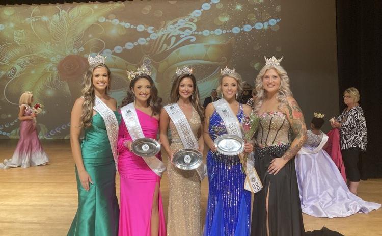 Three locals won titles at the U.S. National Forestry Pageant on Saturday in Tifton, Ga. Pictured are Manda Perry (Miss U.S. National Forestry 2022), from left, Mikah McCoy (Miss U.S. National Turpentine 2023), Lindsey Langston (Miss U.S. National Forestry 2023), Ashley Douylliez (Ms. U.S. National Forestry 2023), and Maddie Kelley (Ms. U.S. National Turpentine 2022). (COURTESY)