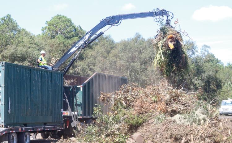 Debris from Hurricane Idalia is dumped at the Columbia County public works yard earlier this month. Residents may continue to place organic storm debris in the county right-of-way for removal until Oct. 1. (FILE)