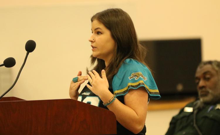 Gracie Meloy, a Lake City resident, told the Columbia County Commission she had to have a stray dog put down in September after it attacked and killed her cat. (JAMIE WACHTER/Lake City Reporter)