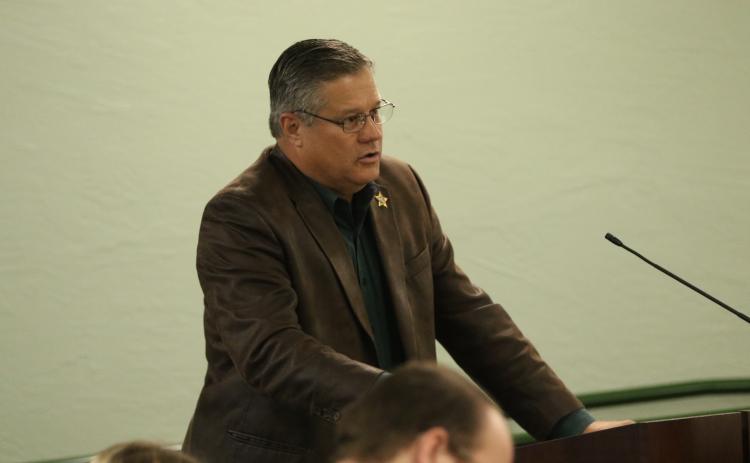 Sheriff Mark Hunter asks for Sen. Jennifer Bradley and Rep. Chuck Brannan to support legislation proposed for the 2024 session to hold juveniles accountable for gun violence. (JAMIE WACHTER/Lake City Reporter)