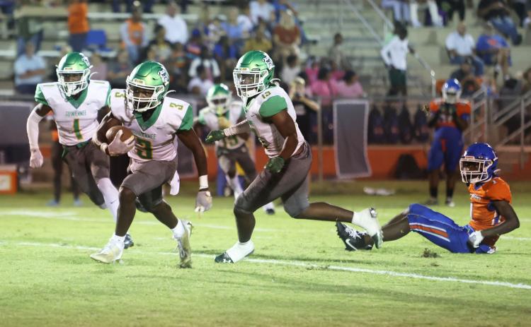Suwannee defensive back Demontay Brown (3) returns an interception against Taylor County last Friday. (PAUL BUCHANAN/Special to the Reporter)