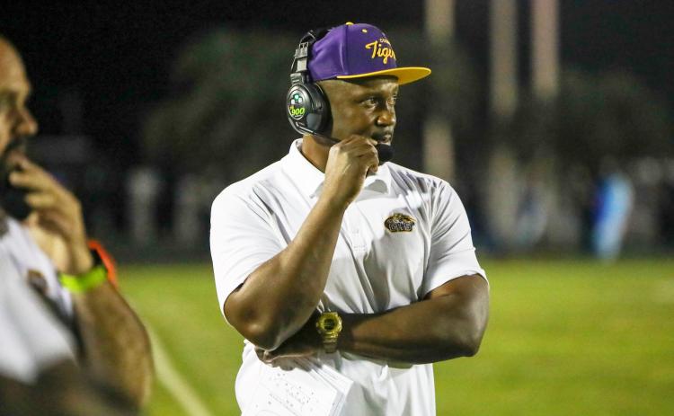Columbia head coach Brian Allen looks on during a game against Trinity Christian on Sept. 22. (BRENT KUYKENDALL/Lake City Reporter)