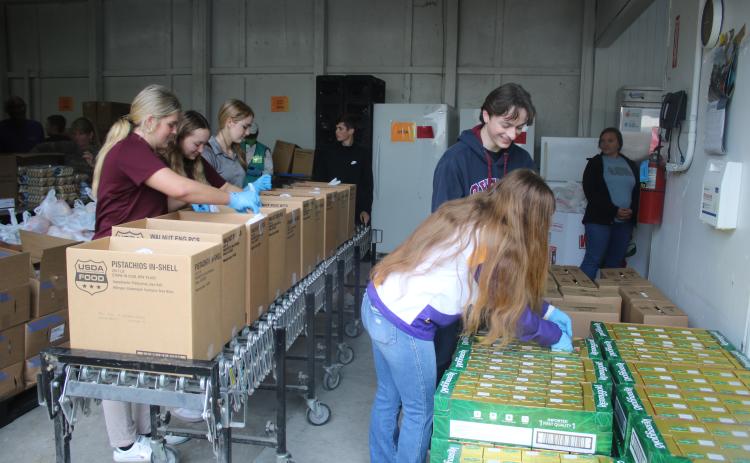 A group of Cambridge Prep Academy students (far left) and Columbia High SGA students add food items to boxes on Thursday morning during the Catholic Charities Thanksgiving Basket Giveaway. More than 559 local families benefited during the effort. (TONY BRITT/Lake City Reporter)