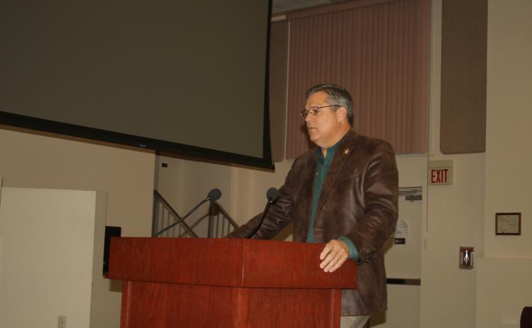 Sheriff Mark Hunter proposes the possibility of obtaining detection dogs to the Columbia County School Board. (TONY BRITT/Lake City Reporter)