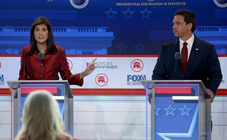 Republican presidential candidates former U.N. Ambassador Nikki Haley and Florida Gov. Ron DeSantis participate in a debate Sept. 27 in Simi Valley, California. (JUSTIN SULLIVAN/Getty Images/TNS)